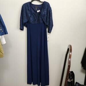 NWT R & M Richards Navy Sequin Lace Gown Sz 6 Formal Dress Bolero Empire Waist